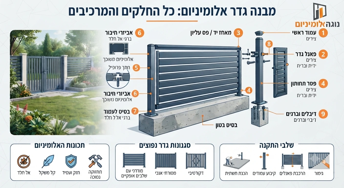 אינפוגרפיה גדר אלומיניום נוגה - סוגים, יתרונות ומחירים