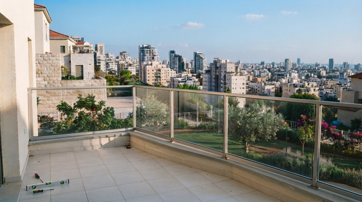 מעקה אלומיניום וזכוכית למרפסת בבניין חדש בבאר יעקב